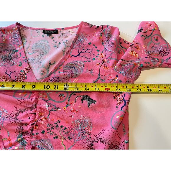 Topshop Ruby Magical Leopard Ruched Blouse Crop Top Size 6 Pink Bell Sleeves - Picture 5 of 8